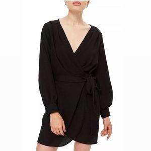 TopShop black wrap long sleeve mini dress - size 10.